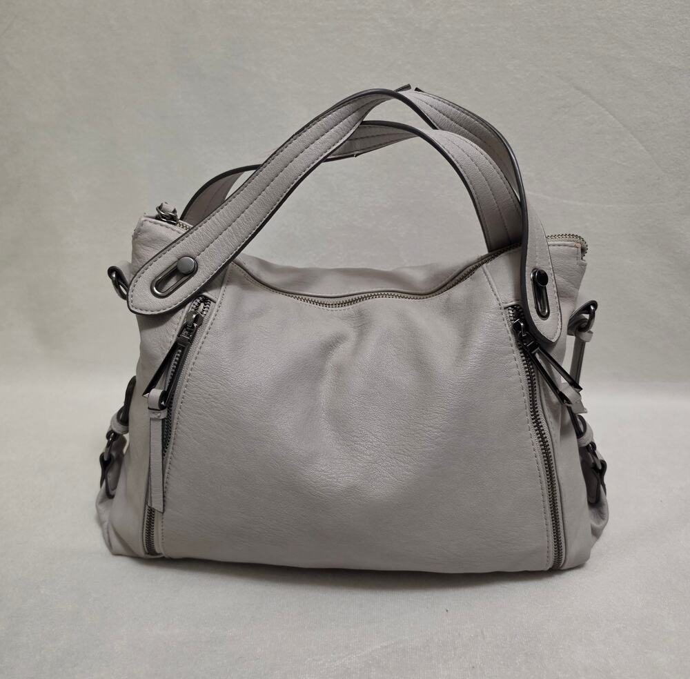 Jessica Simpson Satchel Purse Taupe Grey Shoulder Bag Leopard Print Lining
